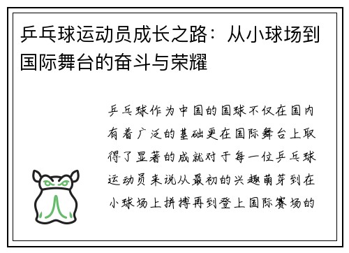 乒乓球运动员成长之路：从小球场到国际舞台的奋斗与荣耀