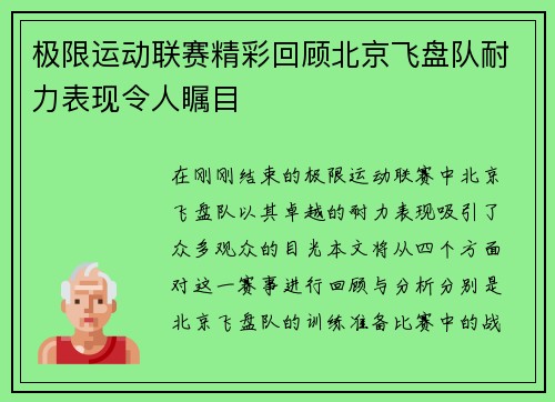 极限运动联赛精彩回顾北京飞盘队耐力表现令人瞩目